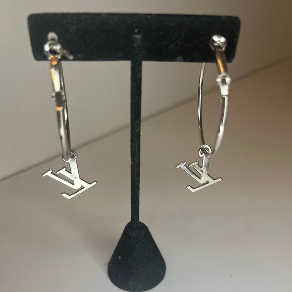 Upcycled Silver LV Louis Vuitton Stamped Charm 30mm Hoop Earrings - Picture 9 of 12